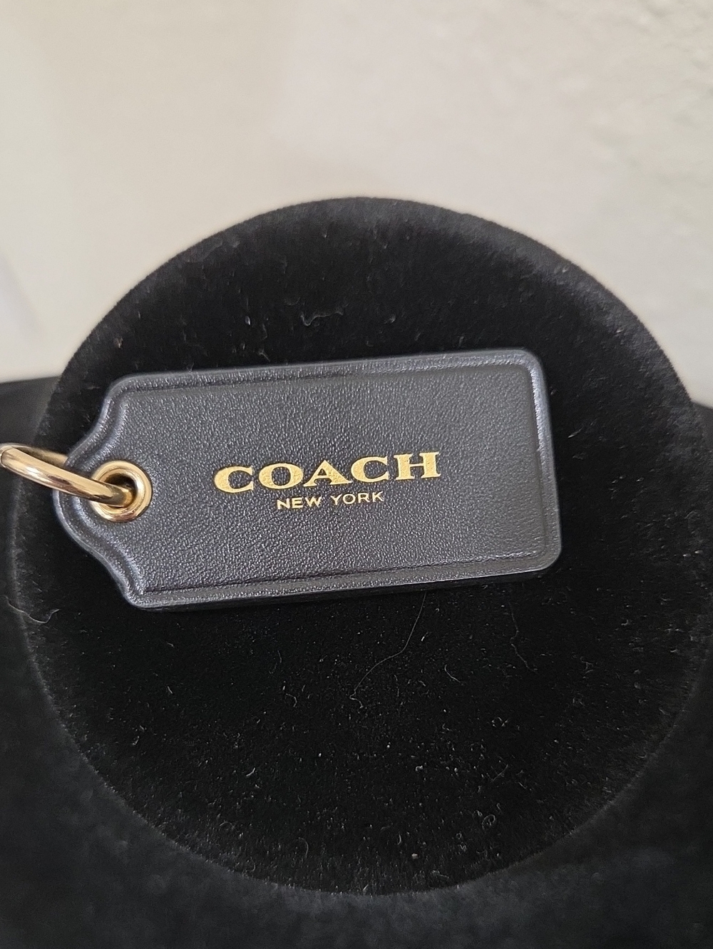 Coach Black Leather Hang Tag Key Holder with Gold Logo